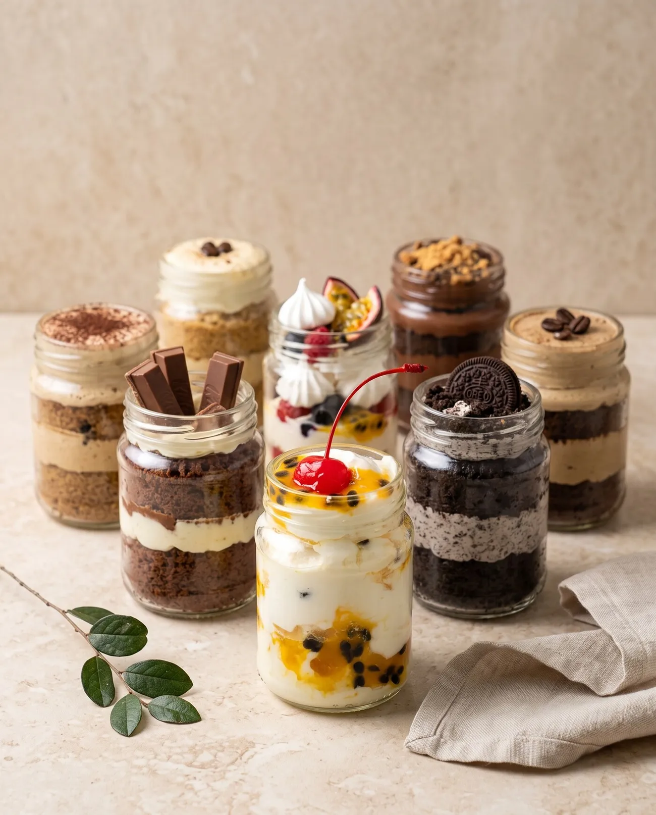 Cake Jars Workshop: Five layered desserts built in jars, including a KitKat jar cake and a mocha biscuit pudding.