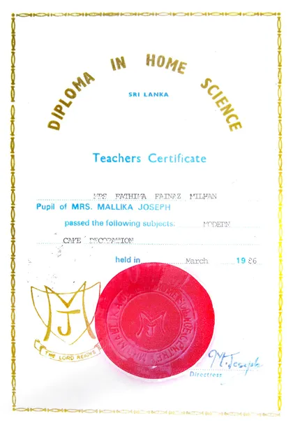Her Teachers Certificate in Modern Cake Decoration, Diploma in Home Science, March 1986