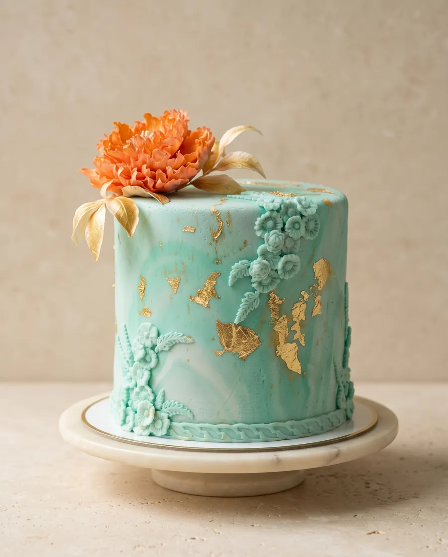 A marbled aqua cake with gold leaf and an orange sugar peony