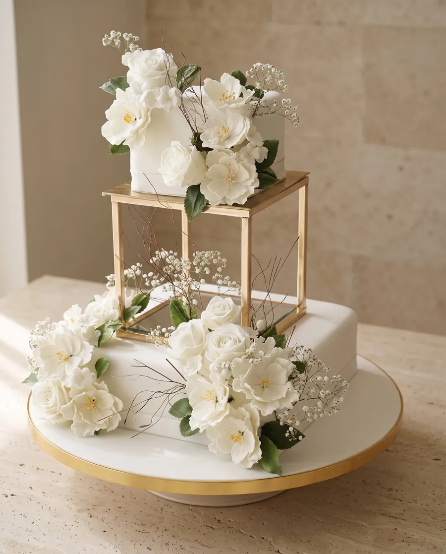 A white two-tier engagement cake with white roses on a gold stand